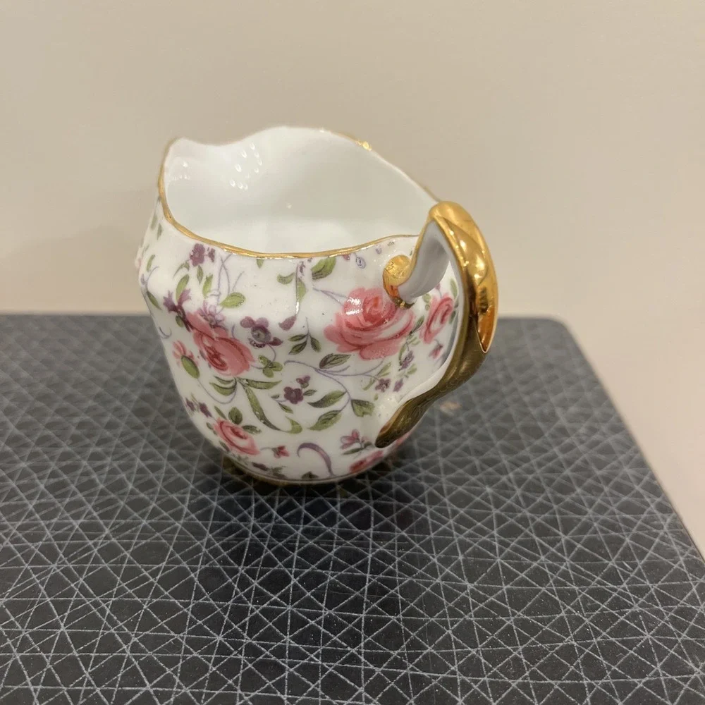 Clarence Bone China Pink Floral Chintz Milk Pitcher, Petite, Gold Trim Handle